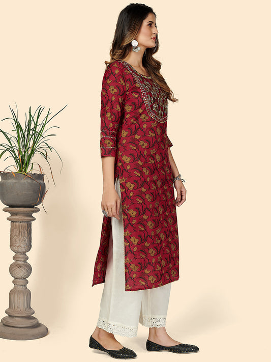 NOZ2TOZ Women's Printed & Embroidered Straight Cotton Red Stitched Kurta - Noz2Toz
