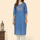 NOZ2TOZ Women's Printed & Embroidered Straight Cotton Blue Stitched Kurta - Swadesiicart