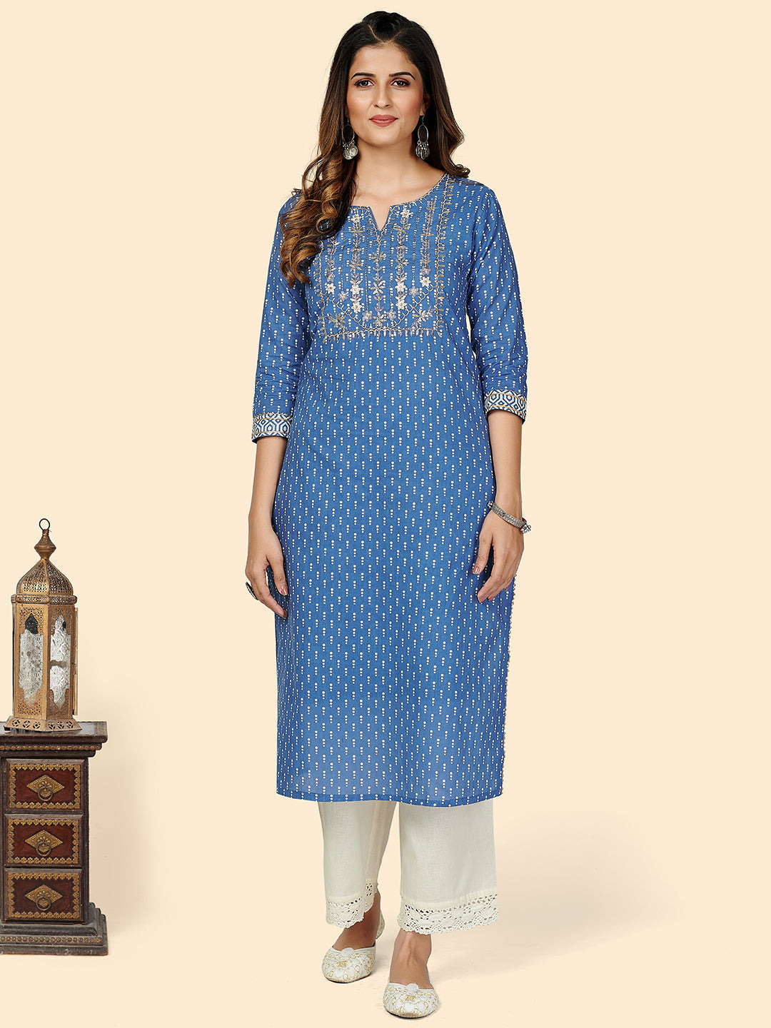 NOZ2TOZ Women's Printed & Embroidered Straight Cotton Blue Stitched Kurta - Swadesiicart