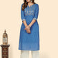 NOZ2TOZ Women's Printed & Embroidered Straight Cotton Blue Stitched Kurta - Noz2Toz