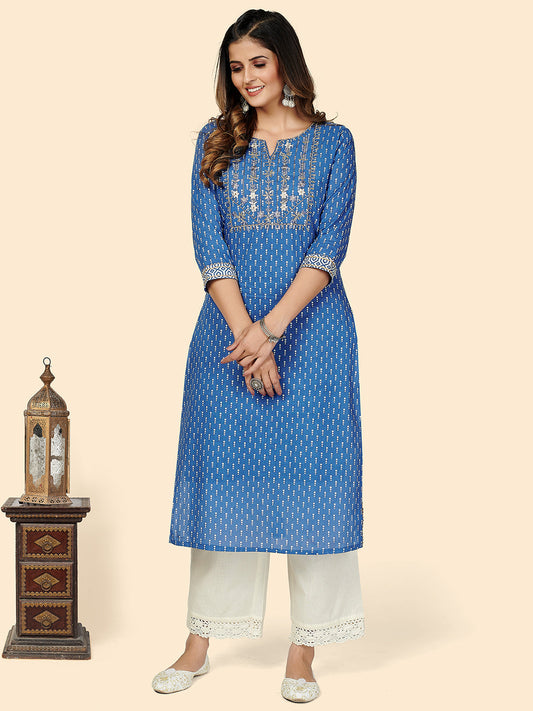 NOZ2TOZ Women's Printed & Embroidered Straight Cotton Blue Stitched Kurta - Noz2Toz