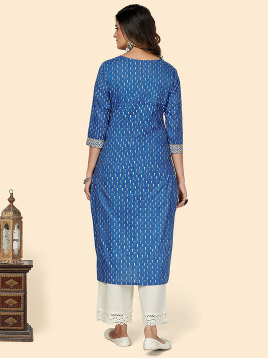 NOZ2TOZ Women's Printed & Embroidered Straight Cotton Blue Stitched Kurta - Swadesiicart
