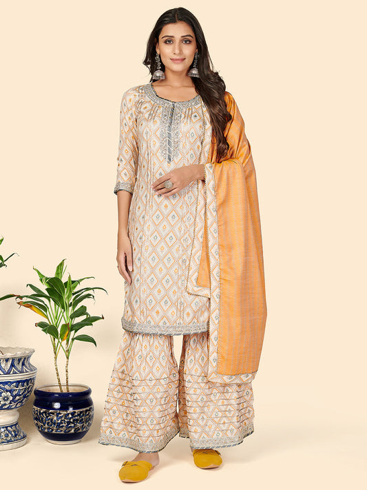NOZ2TOZ Women's Print & Gota Patti Straight Muslin Yellow Stitched Kurta Sharara With Dupatta - Noz2Toz