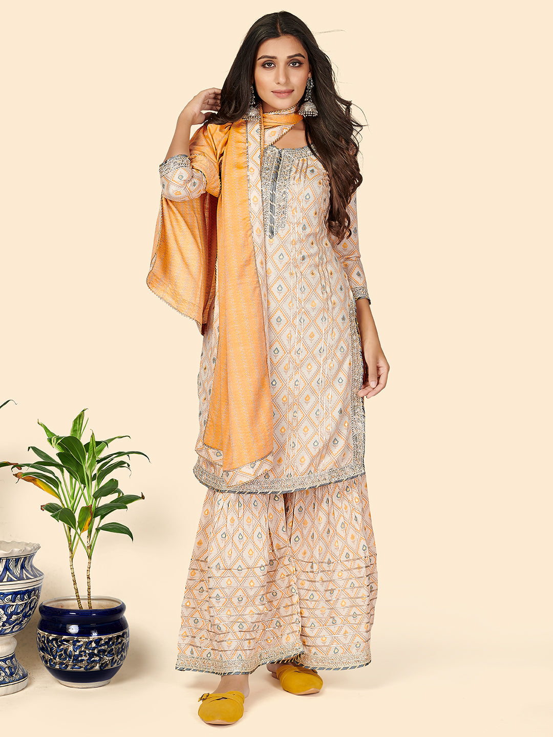 NOZ2TOZ Women's Print & Gota Patti Straight Muslin Yellow Stitched Kurta Sharara With Dupatta - Swadesiicart