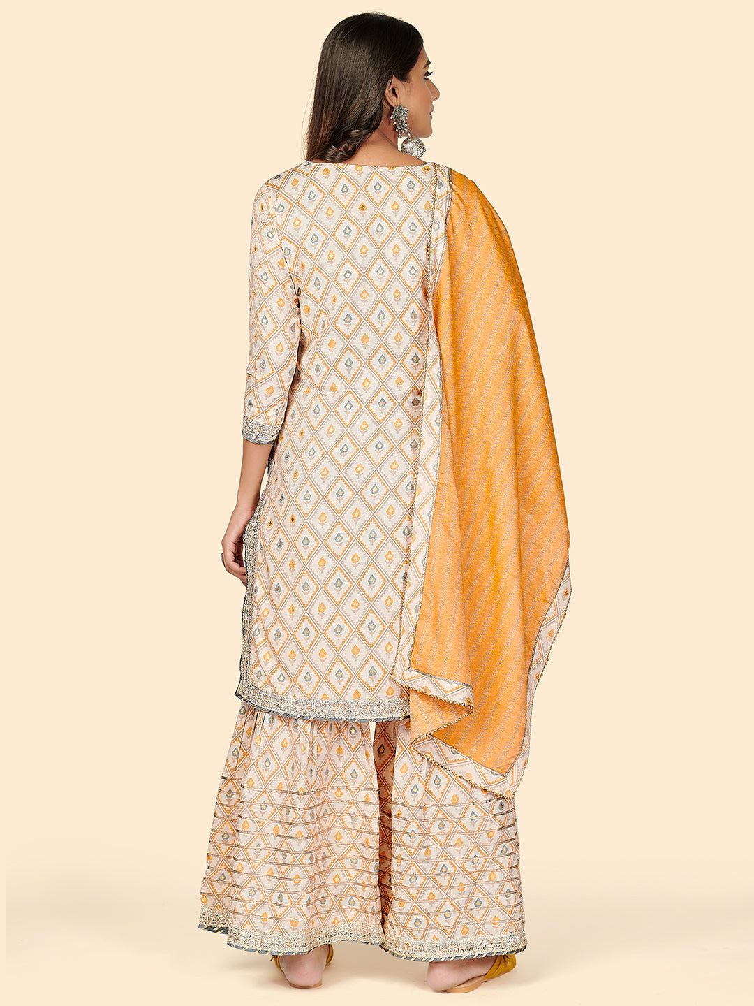 NOZ2TOZ Women's Print & Gota Patti Straight Muslin Yellow Stitched Kurta Sharara With Dupatta - Swadesiicart