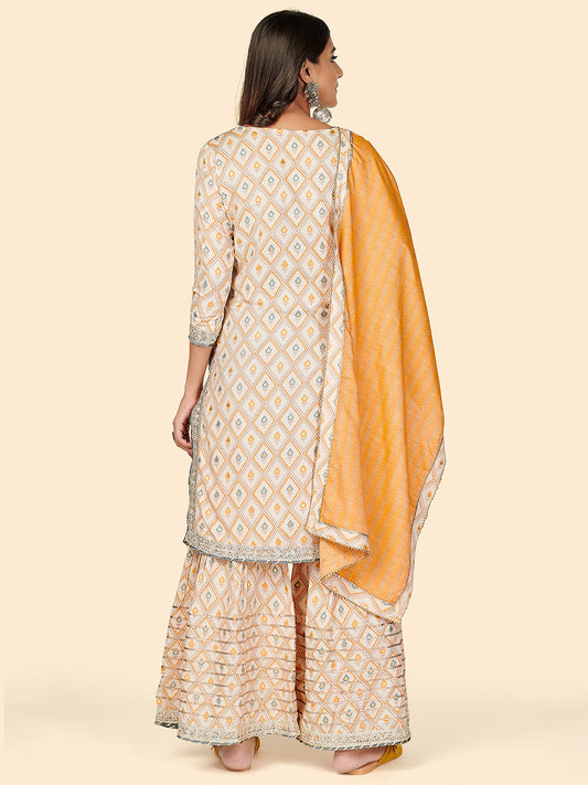 NOZ2TOZ Women's Print & Gota Patti Straight Muslin Yellow Stitched Kurta Sharara With Dupatta - Swadesiicart