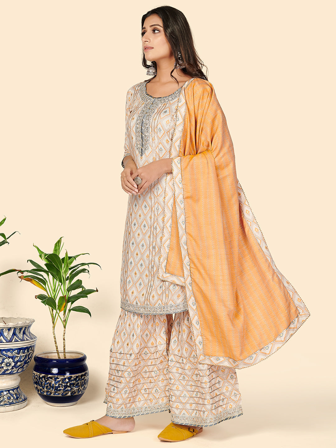 NOZ2TOZ Women's Print & Gota Patti Straight Muslin Yellow Stitched Kurta Sharara With Dupatta - Swadesiicart