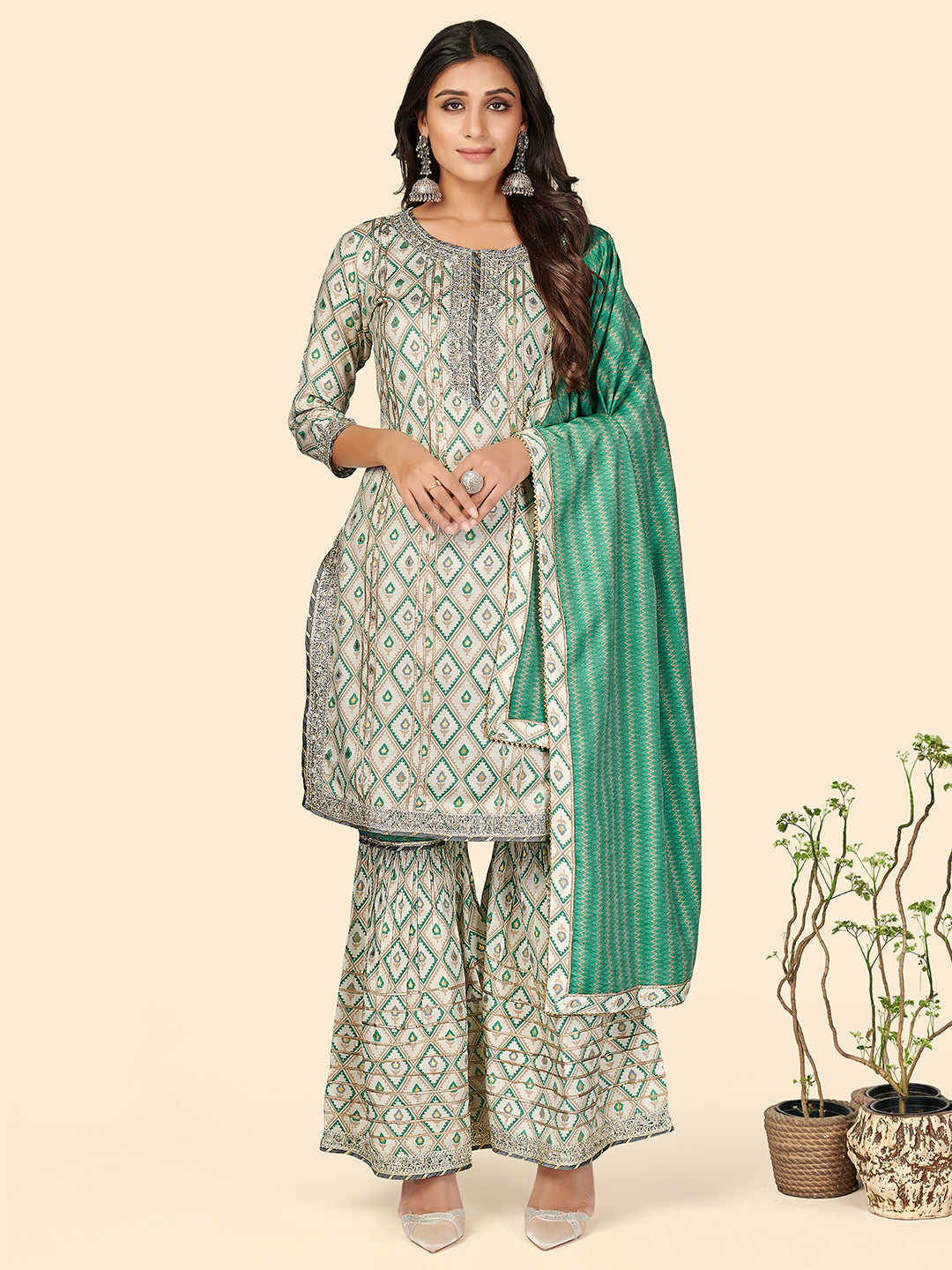NOZ2TOZ Women's Muslin Turquoise Kurta Sharara With Dupatta- (3pcs set) - Noz2Toz