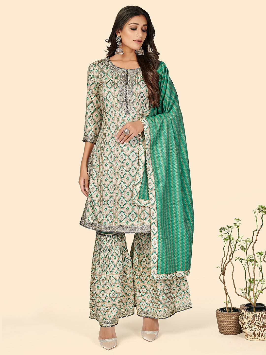 NOZ2TOZ Women's Muslin Turquoise Kurta Sharara With Dupatta- (3pcs set) - Swadesiicart