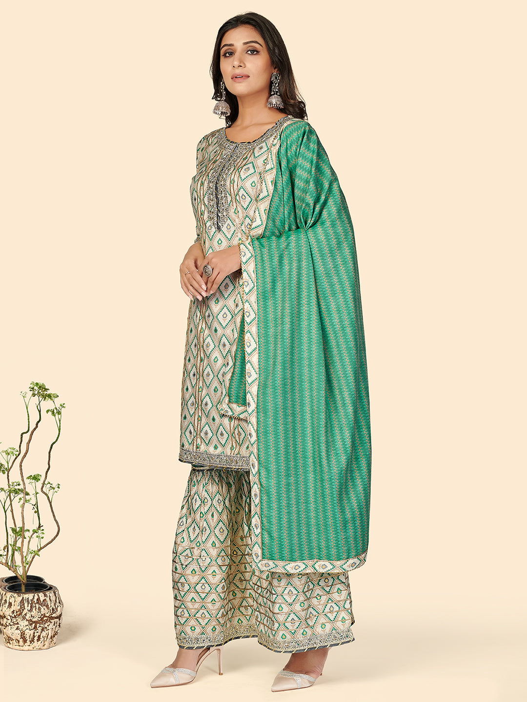 NOZ2TOZ Women's Muslin Turquoise Kurta Sharara With Dupatta- (3pcs set) - Swadesiicart