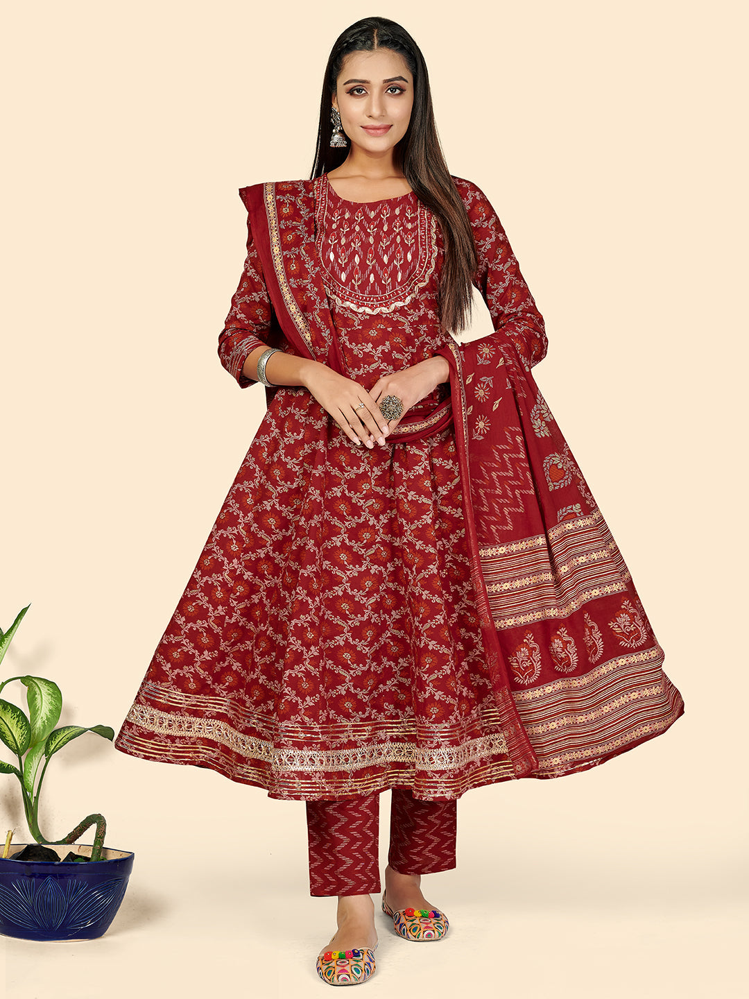 NOZ2TOZ Women's Red Anarkali Kurta & Pant With Dupatta- (3pcs set) - Swadesiicart