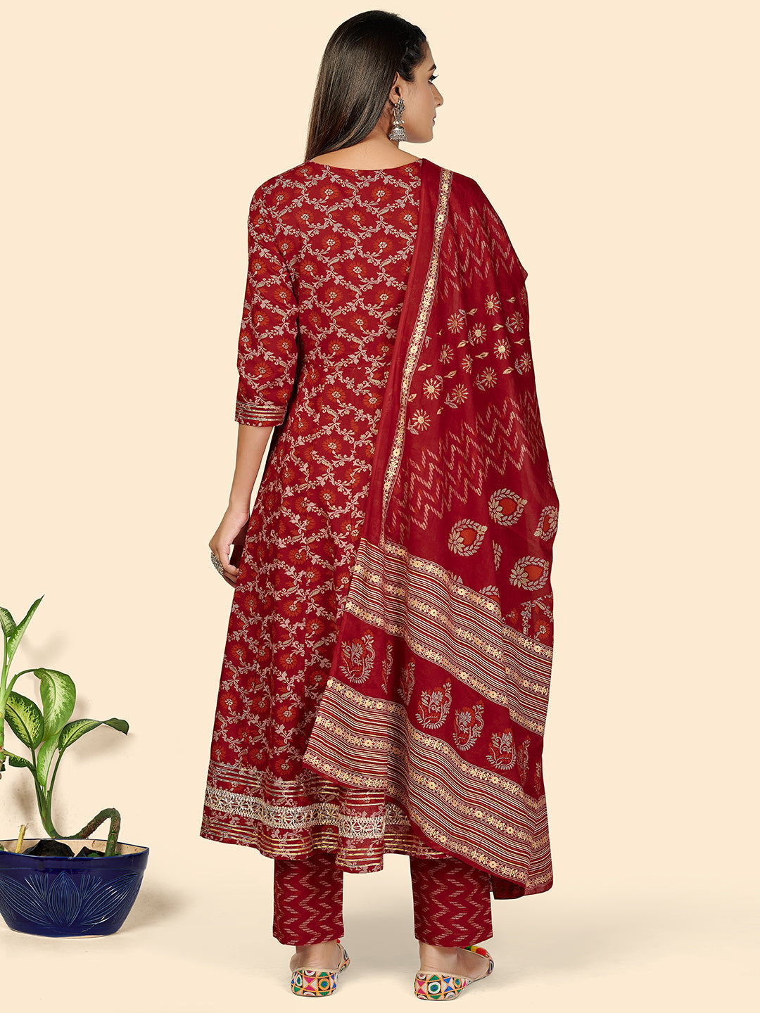 NOZ2TOZ Women's Red Anarkali Kurta & Pant With Dupatta- (3pcs set) - Swadesiicart