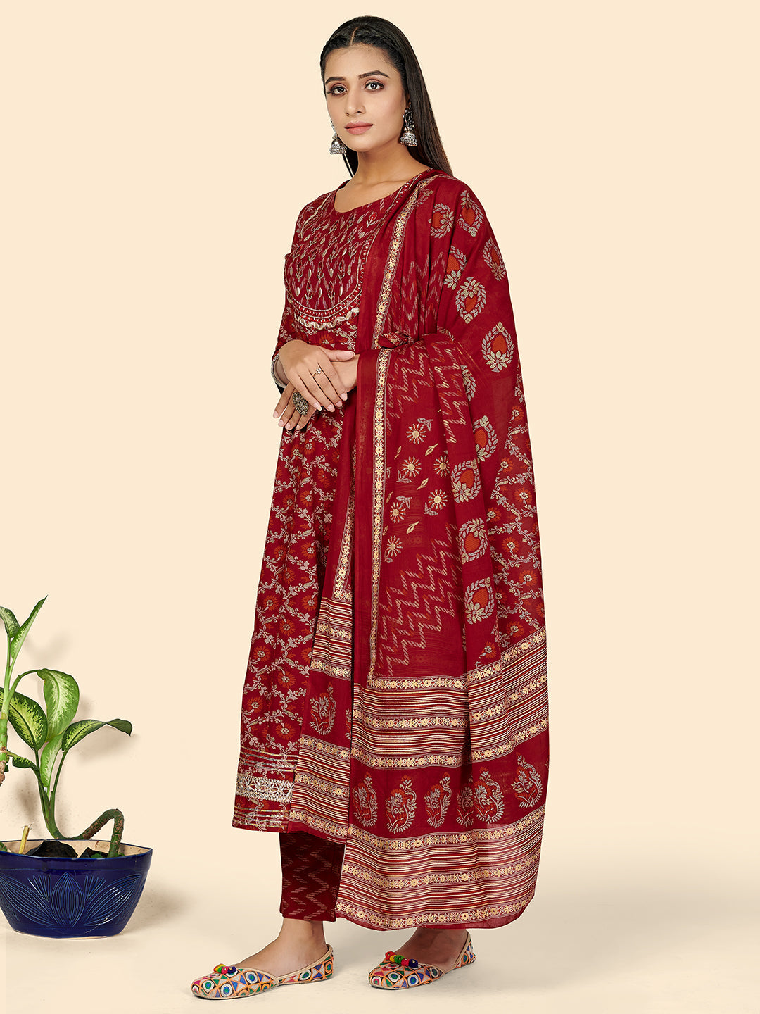 NOZ2TOZ Women's Red Anarkali Kurta & Pant With Dupatta- (3pcs set) - Swadesiicart