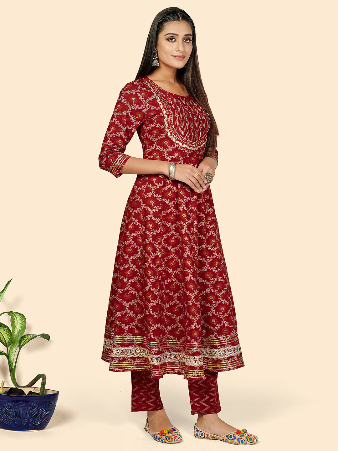 NOZ2TOZ Women's Red Anarkali Kurta & Pant With Dupatta- (3pcs set) - Swadesiicart