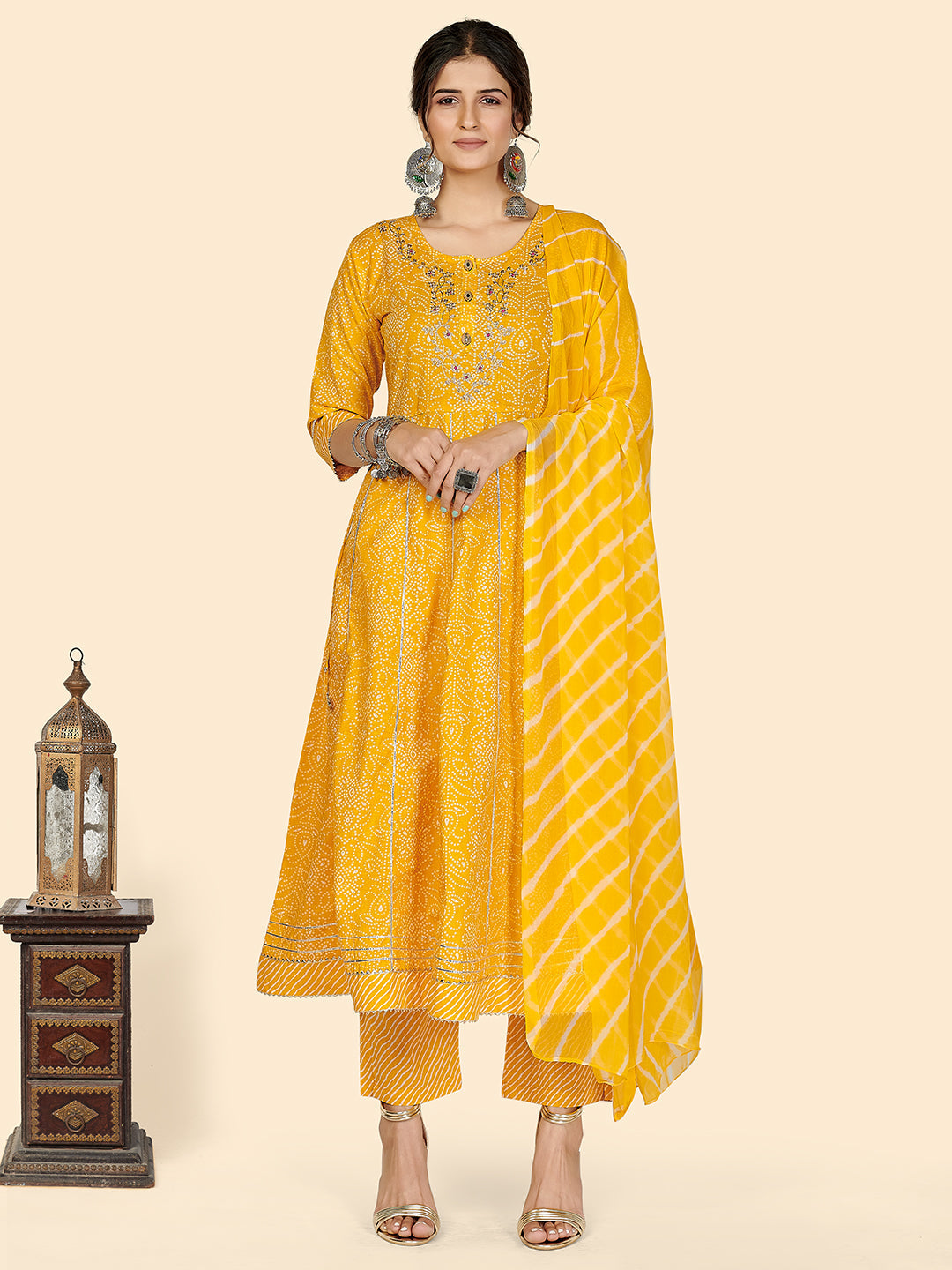 NOZ2TOZ Women's Bandhani & Embroidered Anarkali Cotton Yellow Stitched Kurta Pant With Dupatta - Noz2Toz