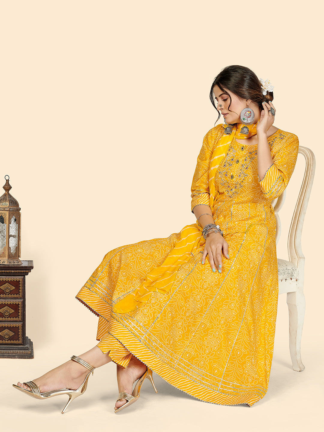 NOZ2TOZ Women's Bandhani & Embroidered Anarkali Cotton Yellow Stitched Kurta Pant With Dupatta - Swadesiicart