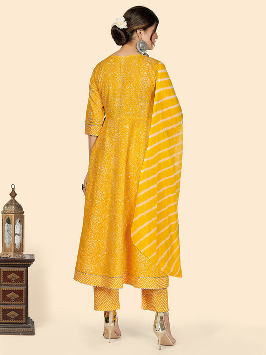 NOZ2TOZ Women's Bandhani & Embroidered Anarkali Cotton Yellow Stitched Kurta Pant With Dupatta - Swadesiicart