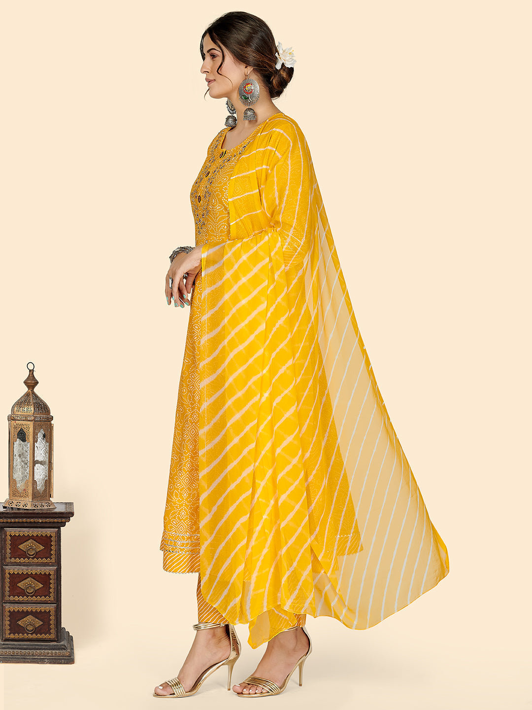 NOZ2TOZ Women's Bandhani & Embroidered Anarkali Cotton Yellow Stitched Kurta Pant With Dupatta - Swadesiicart