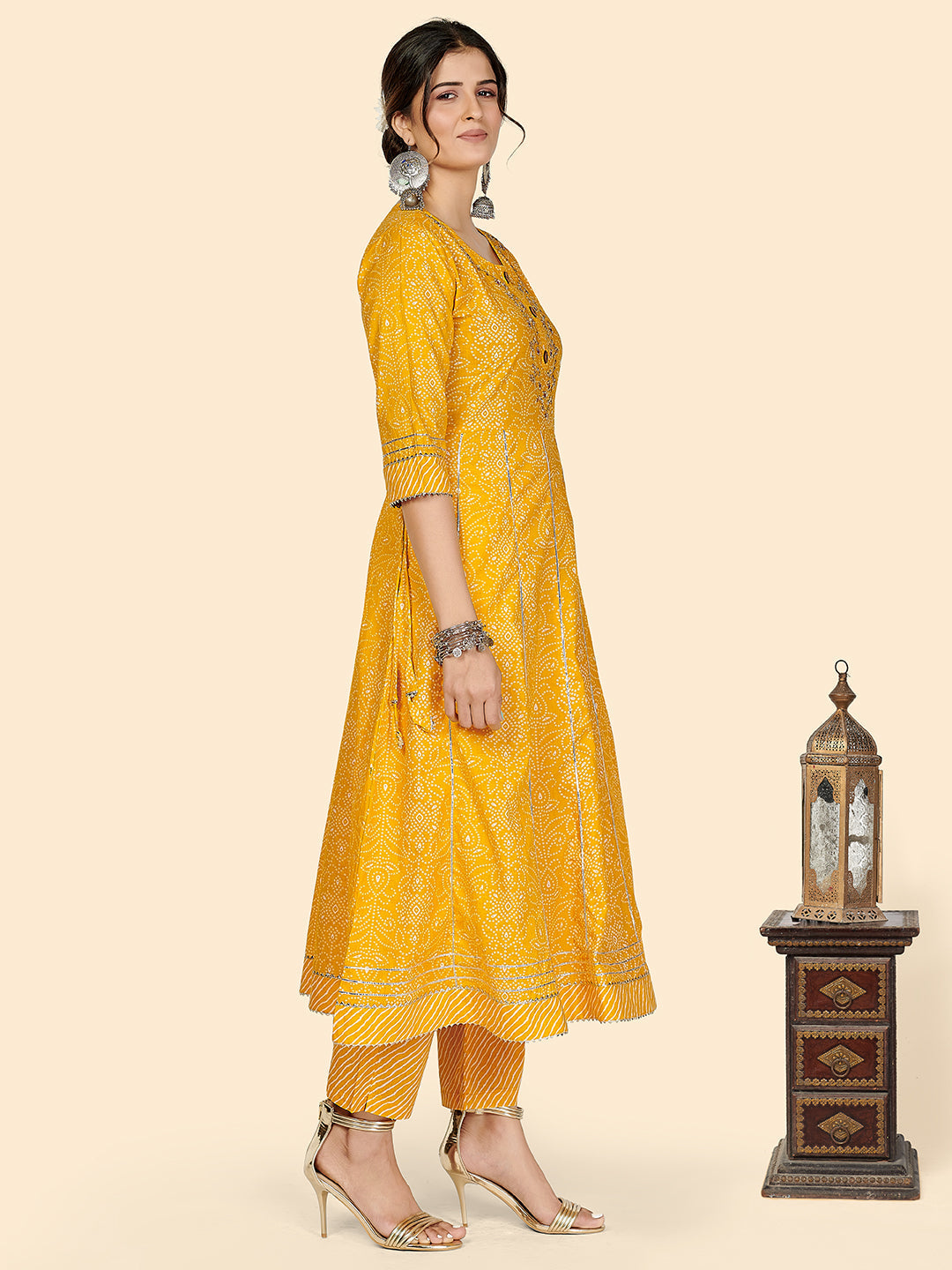 NOZ2TOZ Women's Bandhani & Embroidered Anarkali Cotton Yellow Stitched Kurta Pant With Dupatta - Swadesiicart