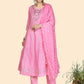 NOZ2TOZ Women's Bandhani & Embroidered Anarkali Cotton Baby Pink Stitched Kurta Pant With Dupatta - Noz2Toz