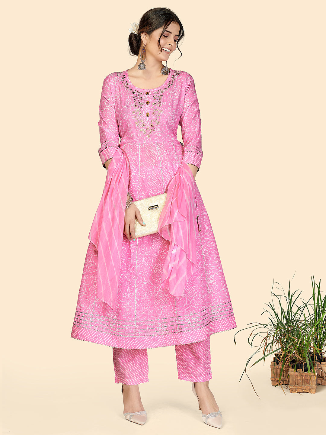 NOZ2TOZ Women's Bandhani & Embroidered Anarkali Cotton Baby Pink Stitched Kurta Pant With Dupatta - Swadesiicart