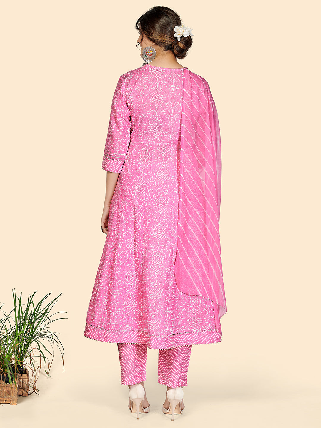 NOZ2TOZ Women's Bandhani & Embroidered Anarkali Cotton Baby Pink Stitched Kurta Pant With Dupatta - Swadesiicart
