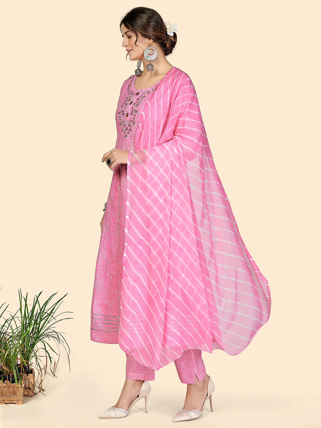 NOZ2TOZ Women's Bandhani & Embroidered Anarkali Cotton Baby Pink Stitched Kurta Pant With Dupatta - Swadesiicart