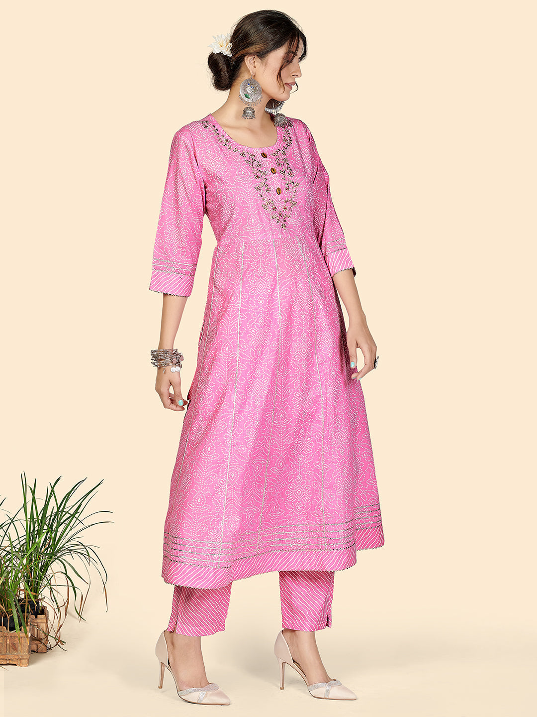 NOZ2TOZ Women's Bandhani & Embroidered Anarkali Cotton Baby Pink Stitched Kurta Pant With Dupatta - Swadesiicart