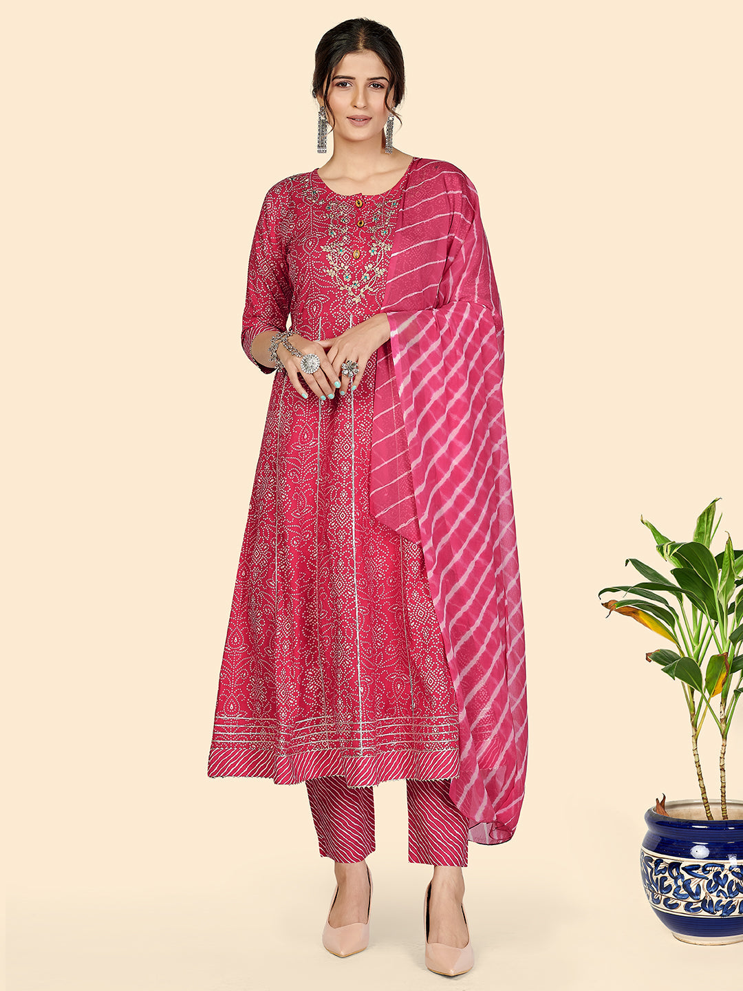 NOZ2TOZ Women's Bandhani & Embroidered Anarkali Cotton Dark Pink Stitched Kurta Pant With Dupatta - Noz2Toz