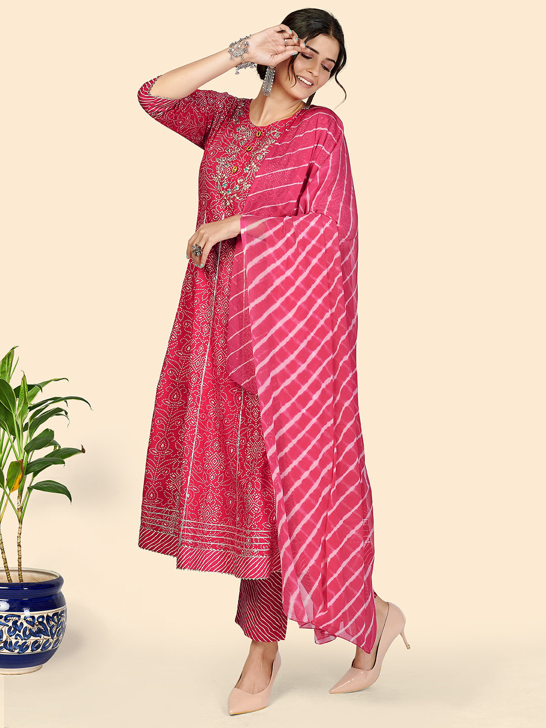 NOZ2TOZ Women's Bandhani & Embroidered Anarkali Cotton Dark Pink Stitched Kurta Pant With Dupatta - Swadesiicart