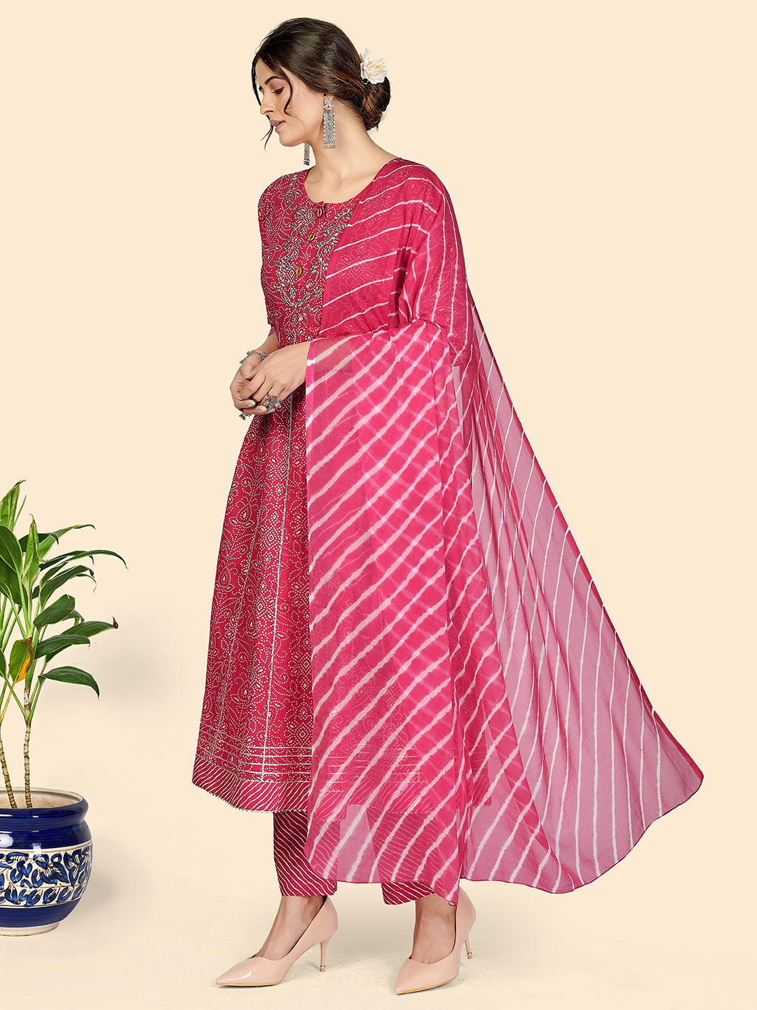 NOZ2TOZ Women's Bandhani & Embroidered Anarkali Cotton Dark Pink Stitched Kurta Pant With Dupatta - Swadesiicart