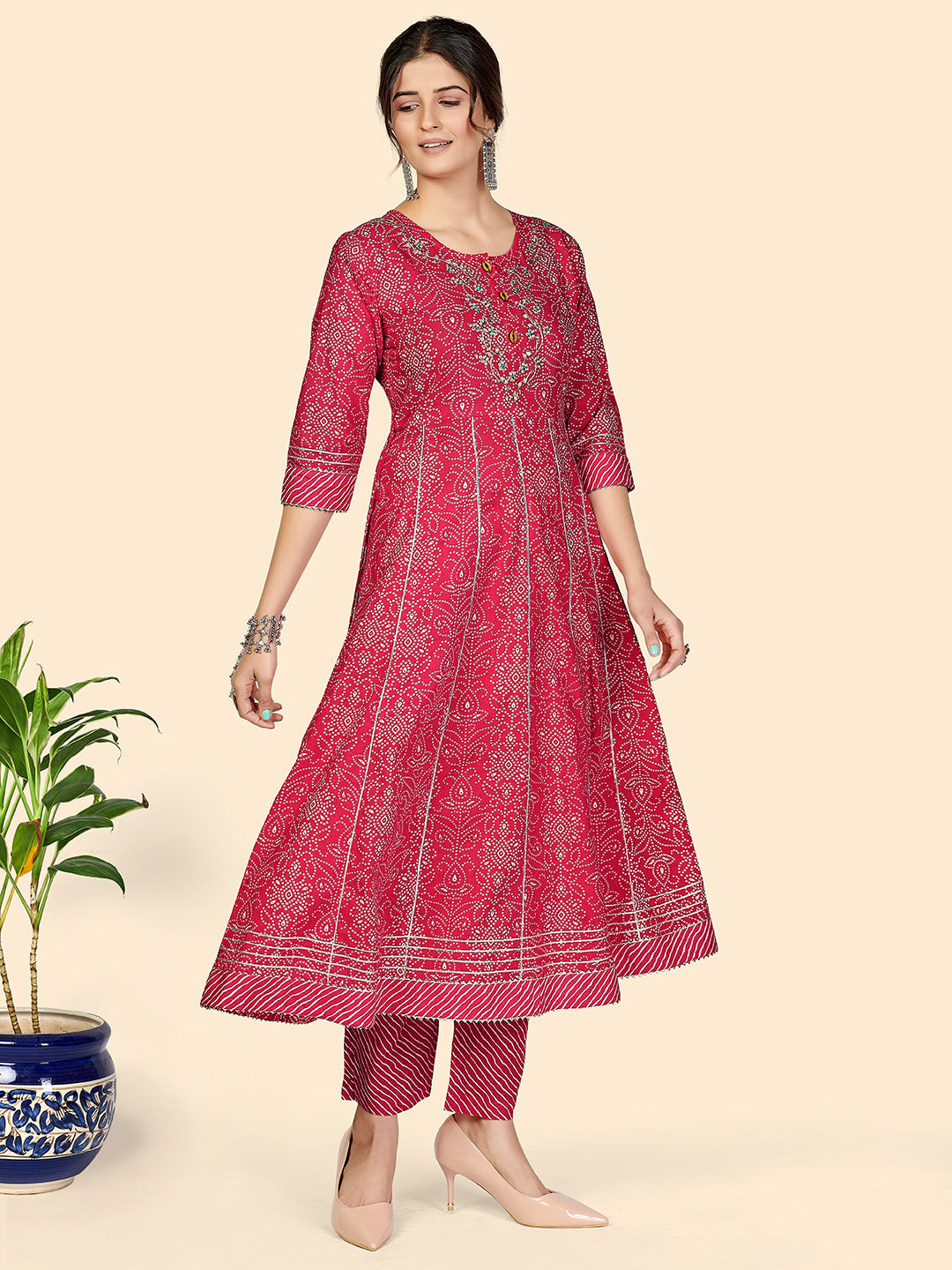 NOZ2TOZ Women's Bandhani & Embroidered Anarkali Cotton Dark Pink Stitched Kurta Pant With Dupatta - Swadesiicart