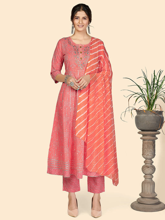NOZ2TOZ Women Pink Printed Anarkali Kurta With Palazzo & Dupatta (3 pc set) - Noz2Toz