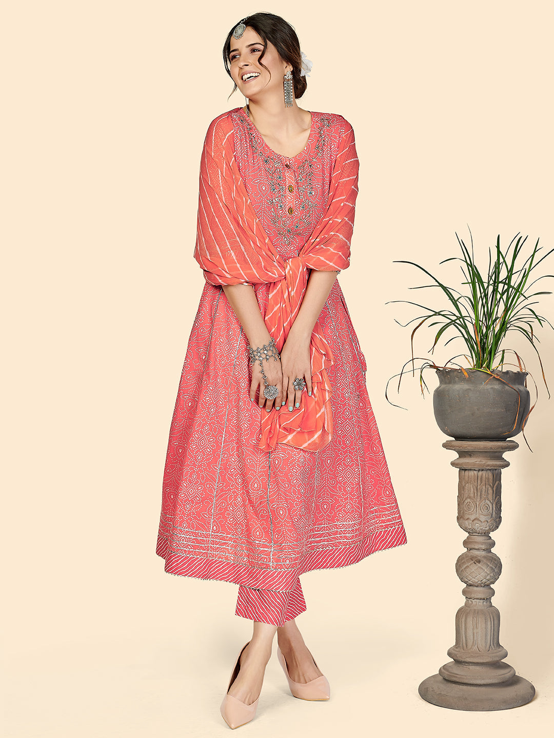 NOZ2TOZ Women Pink Printed Anarkali Kurta With Palazzo & Dupatta (3 pc set) - Swadesiicart