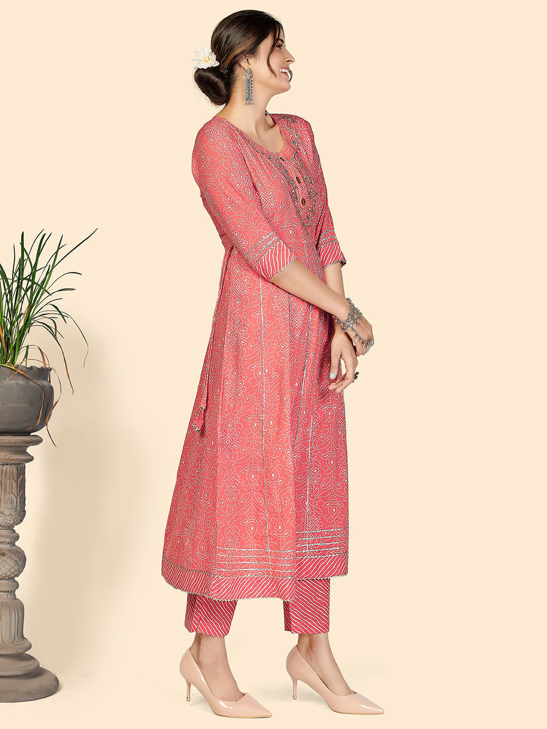 NOZ2TOZ Women Pink Printed Anarkali Kurta With Palazzo & Dupatta (3 pc set) - Swadesiicart