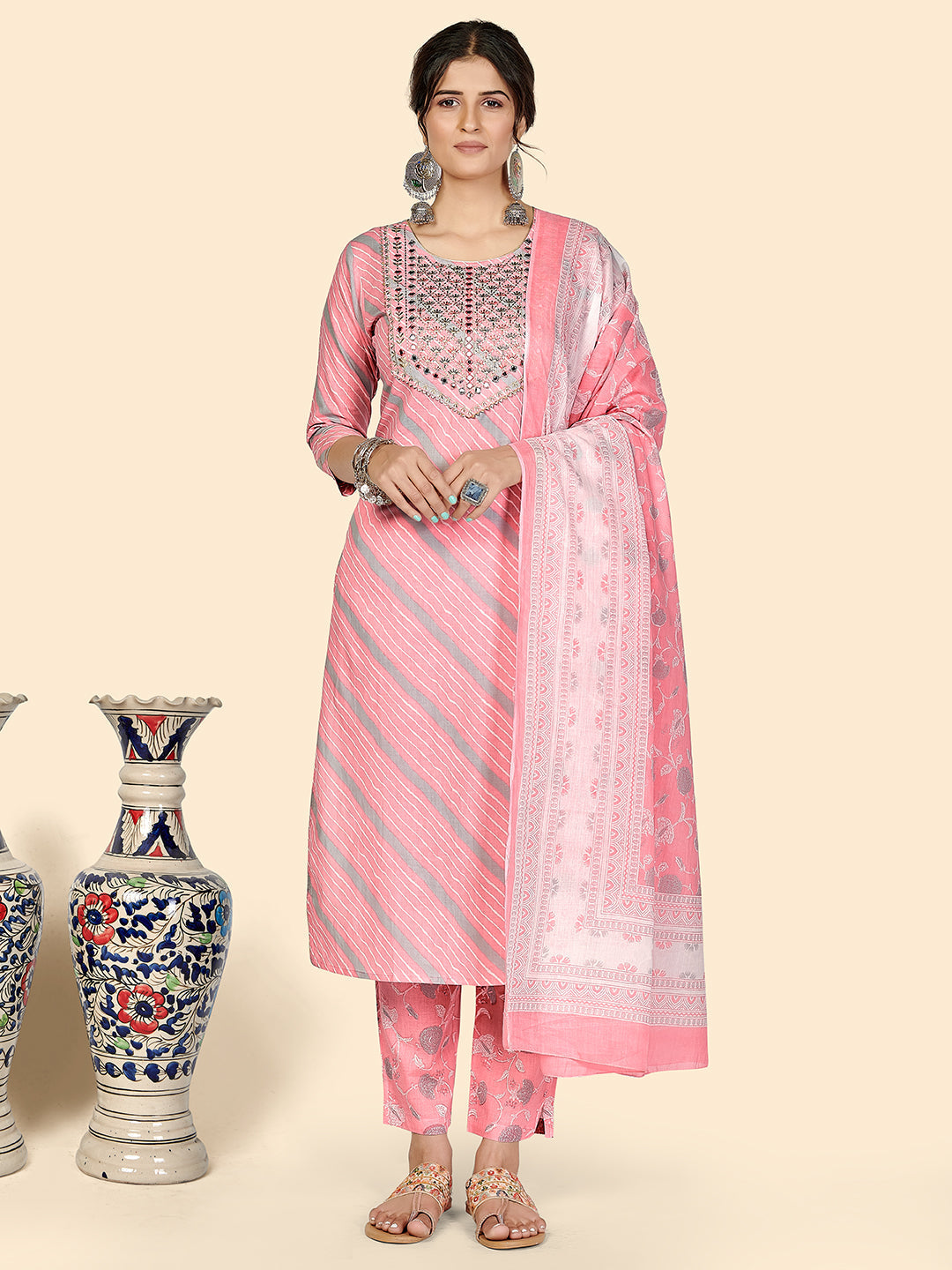 NOZ2TOZ Women Pink Cotton Kurta with Pant & Dupatta (3pcs Set) - Noz2Toz