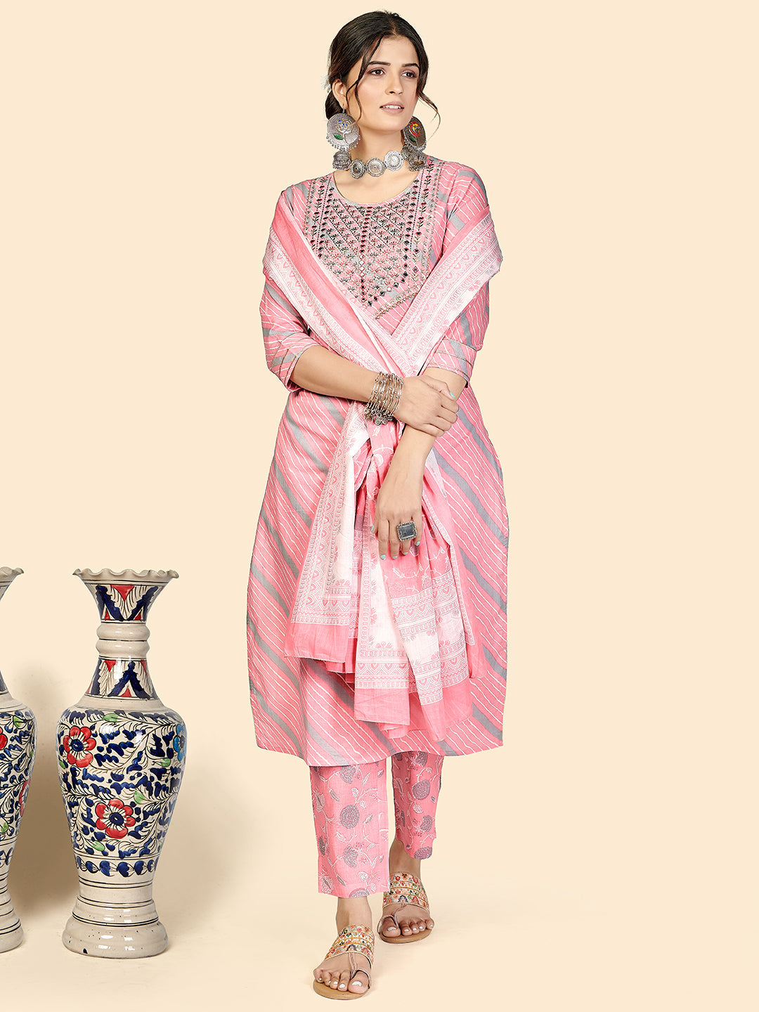 NOZ2TOZ Women Pink Cotton Kurta with Pant & Dupatta (3pcs Set) - Swadesiicart