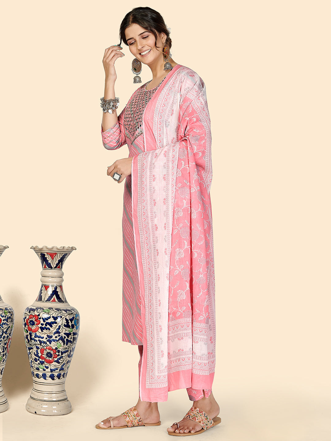 NOZ2TOZ Women Pink Cotton Kurta with Pant & Dupatta (3pcs Set) - Swadesiicart