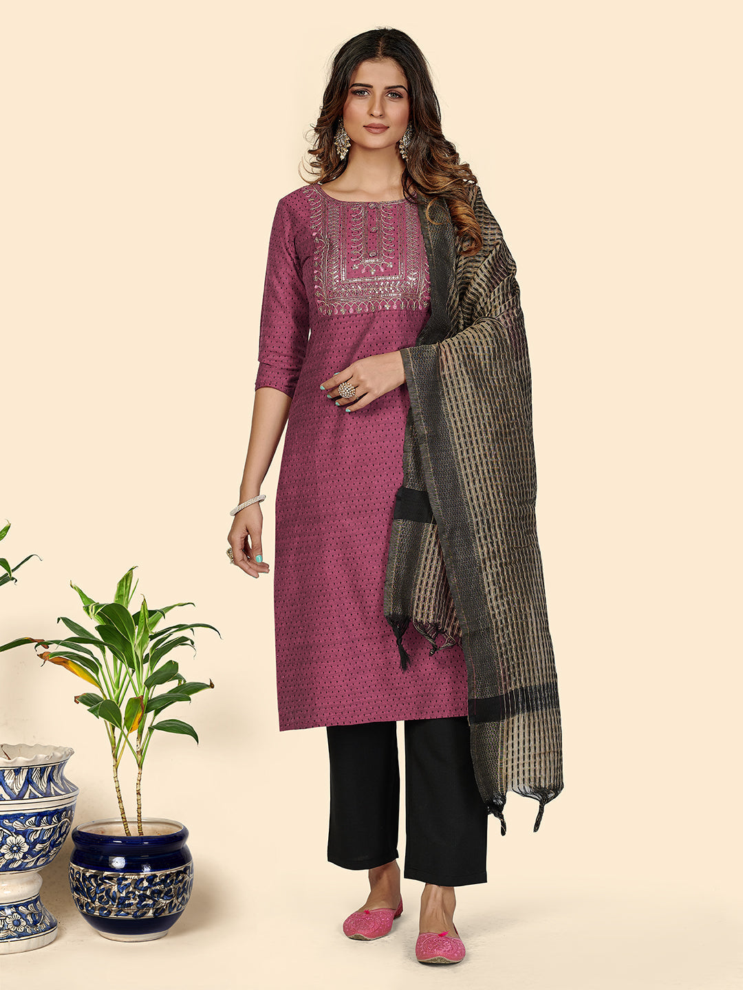 NOZ2TOZ Women's Purple cotton Kurta with Pants & Dupatta (3 Pc Set) - Swadesiicart