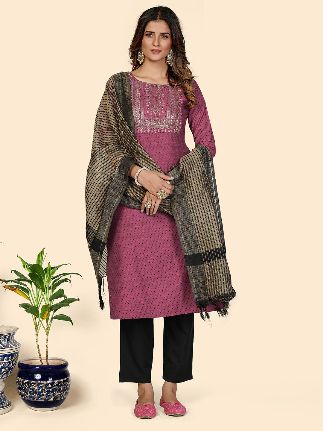 NOZ2TOZ Women's Purple cotton Kurta with Pants & Dupatta (3 Pc Set) - Noz2Toz