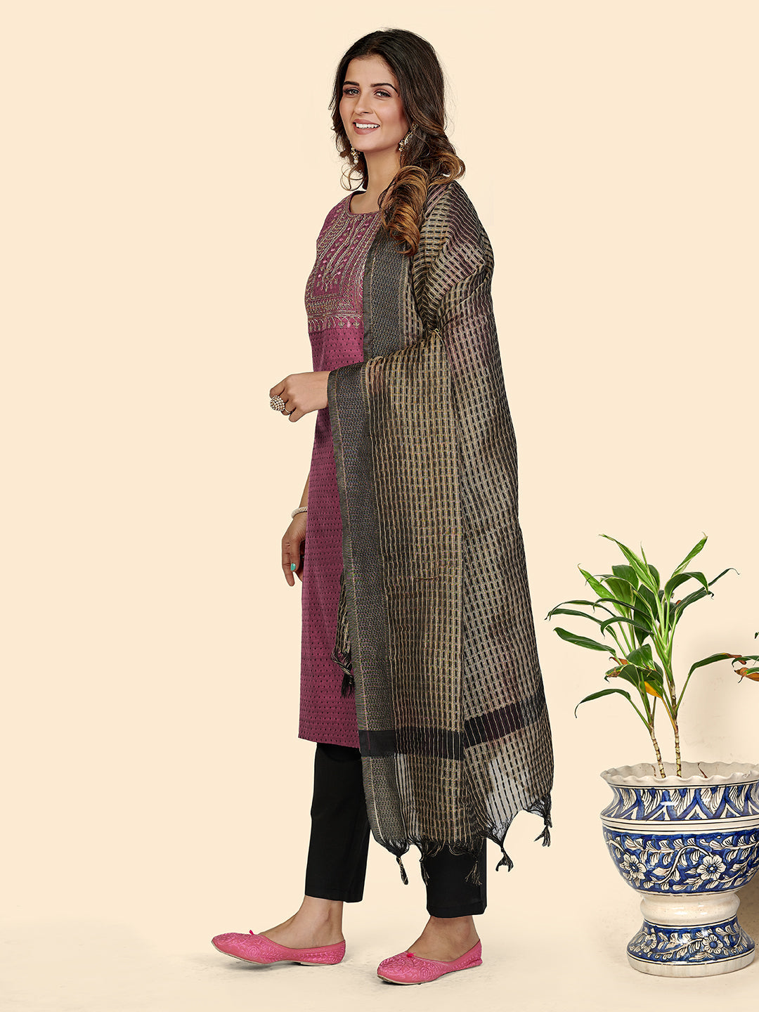 NOZ2TOZ Women's Purple cotton Kurta with Pants & Dupatta (3 Pc Set) - Swadesiicart