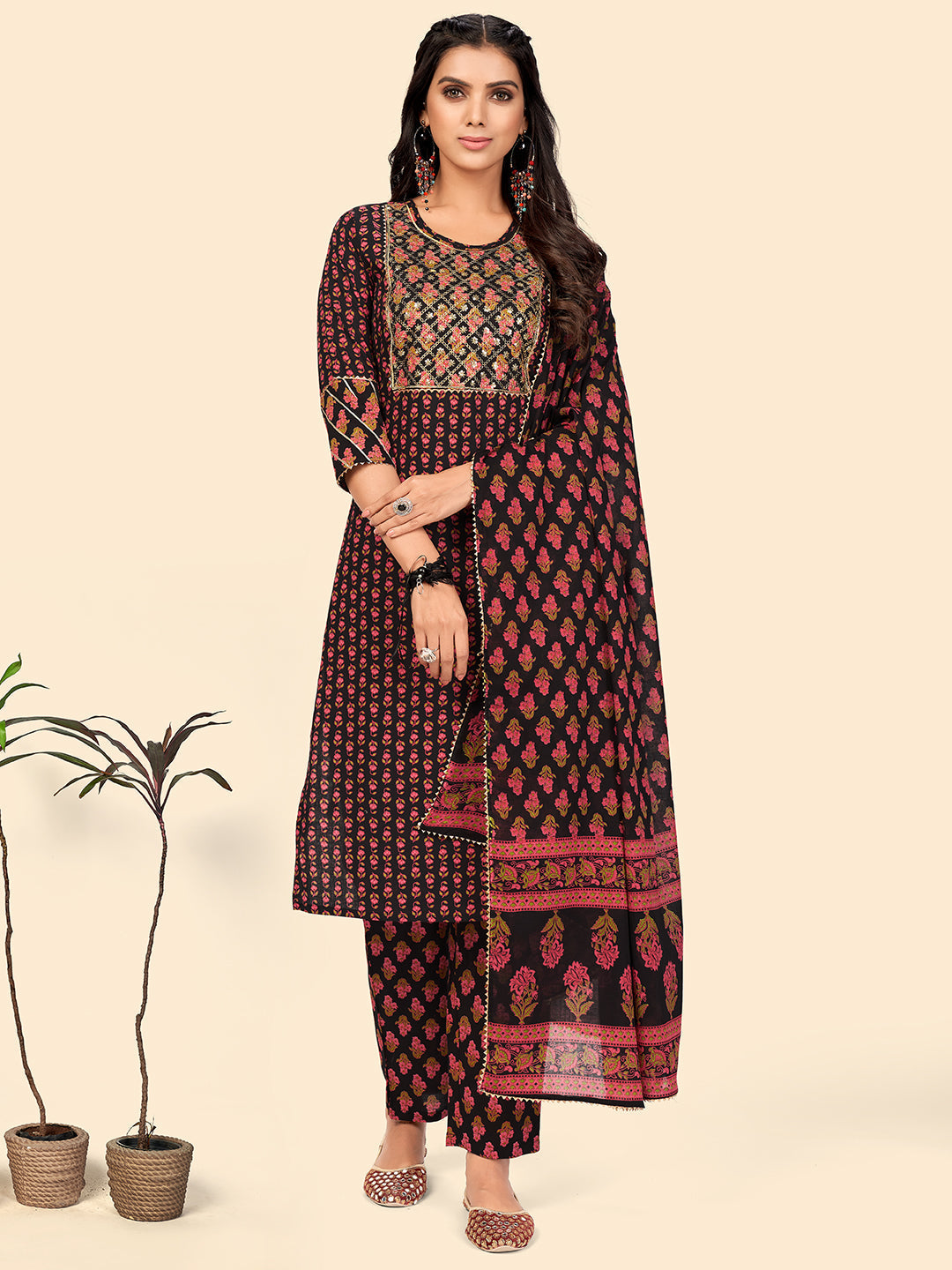 NOZ2TOZ Women's Print & Sequience Straight Cotton Black Stitched Kurta Pant With Dupatta - Noz2Toz