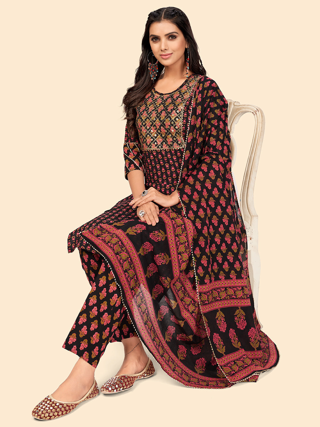 NOZ2TOZ Women's Print & Sequience Straight Cotton Black Stitched Kurta Pant With Dupatta - Swadesiicart