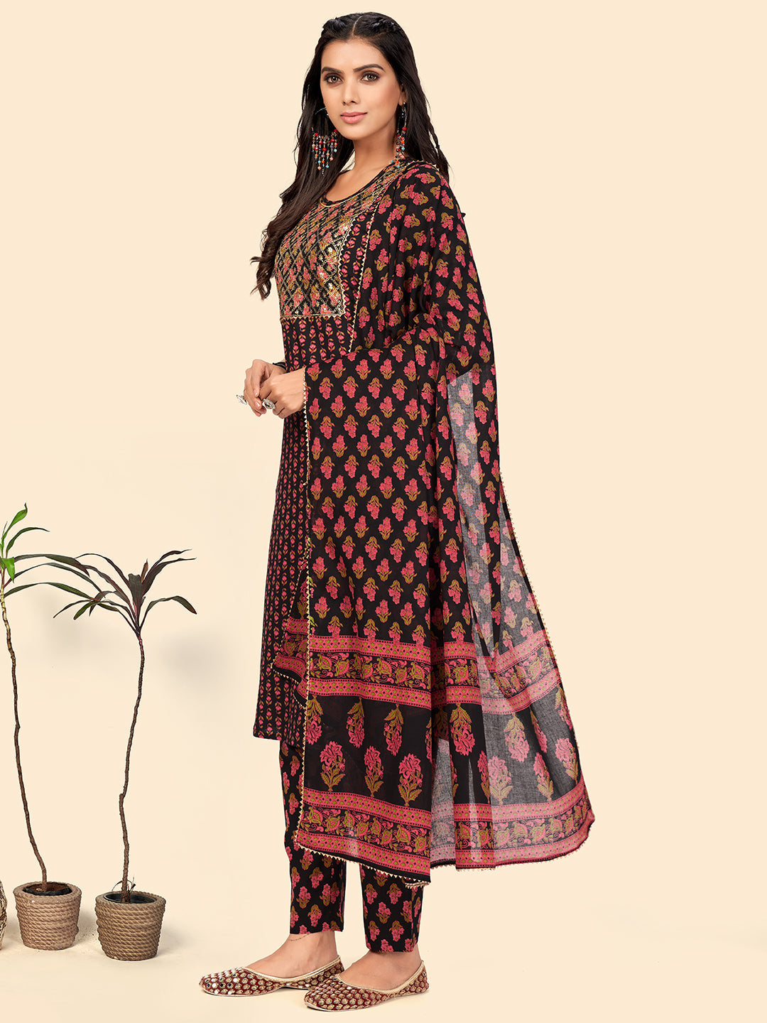 NOZ2TOZ Women's Print & Sequience Straight Cotton Black Stitched Kurta Pant With Dupatta - Swadesiicart