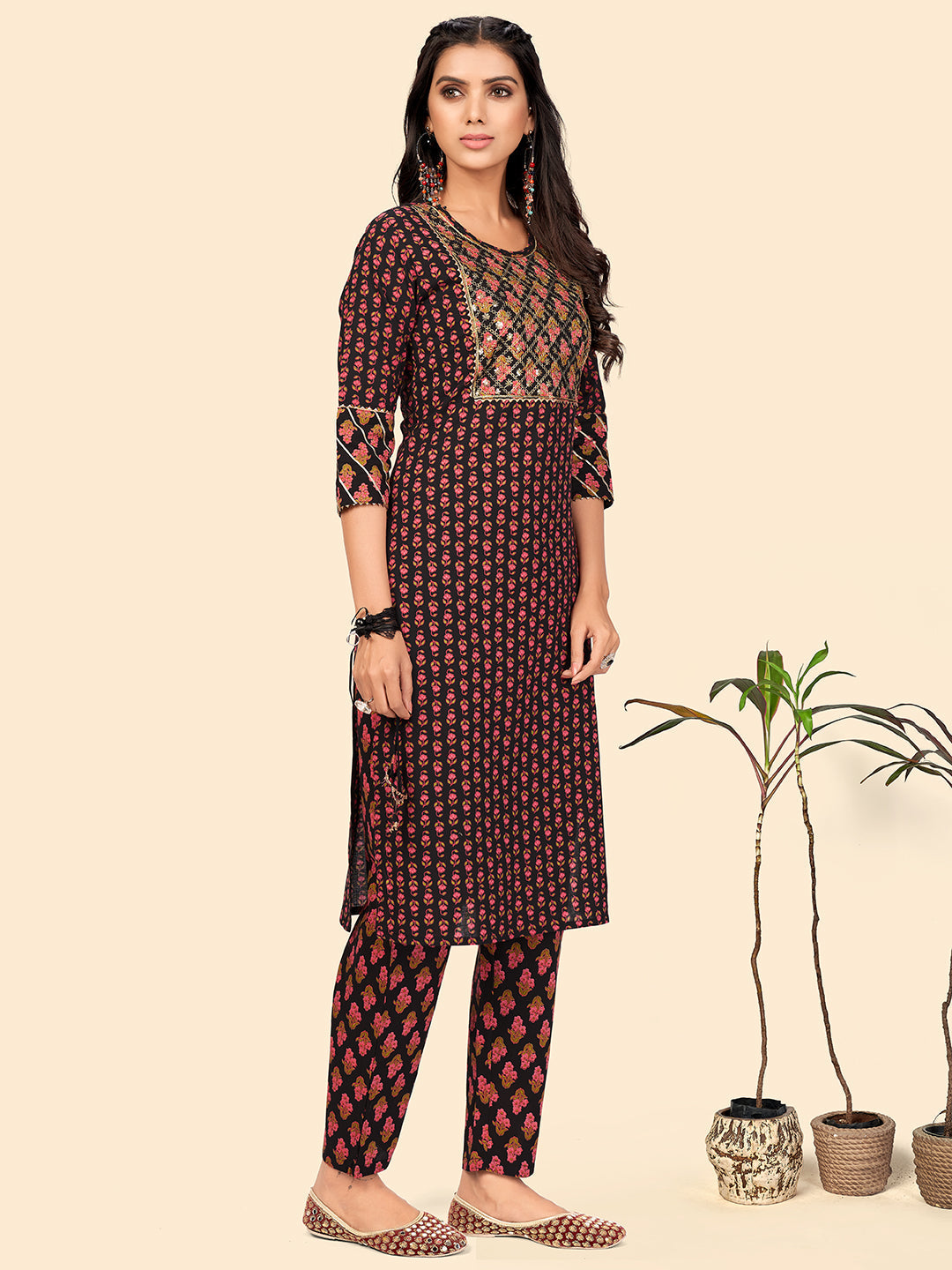 NOZ2TOZ Women's Print & Sequience Straight Cotton Black Stitched Kurta Pant With Dupatta - Swadesiicart