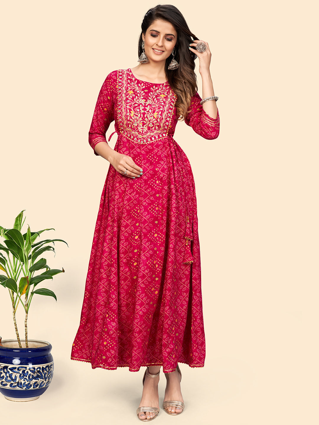 NOZ2TOZ Women's Printed & Embroidered Anarkali Rayon Pink Stitched Kurta - Noz2Toz