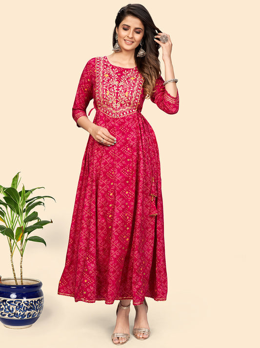 NOZ2TOZ Women's Printed & Embroidered Anarkali Rayon Pink Stitched Kurta - Noz2Toz