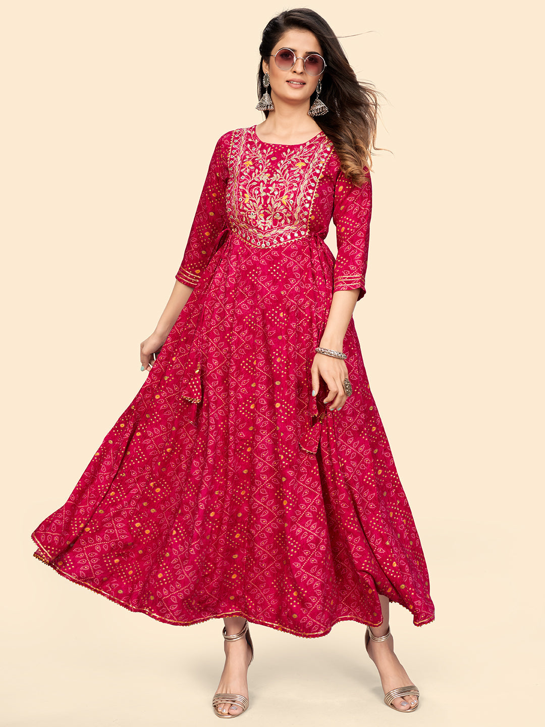 NOZ2TOZ Women's Printed & Embroidered Anarkali Rayon Pink Stitched Kurta - Swadesiicart