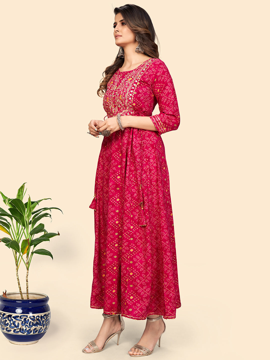 NOZ2TOZ Women's Printed & Embroidered Anarkali Rayon Pink Stitched Kurta - Swadesiicart