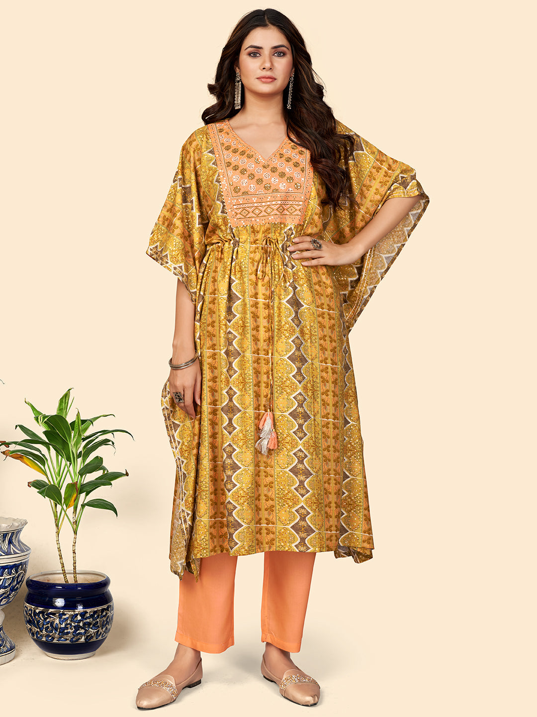 NOZ2TOZ Women Yellow Rayon Kaftan Kurta With Pant (2pcs Set) - Noz2Toz